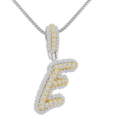 Real Genuine Sterling Silver 14K 2 Tone Gold Finish 1.65 CT. Hand Set Simulated Diamond Initial Letter Alphabet Pendant Charm Chain 1.75"
