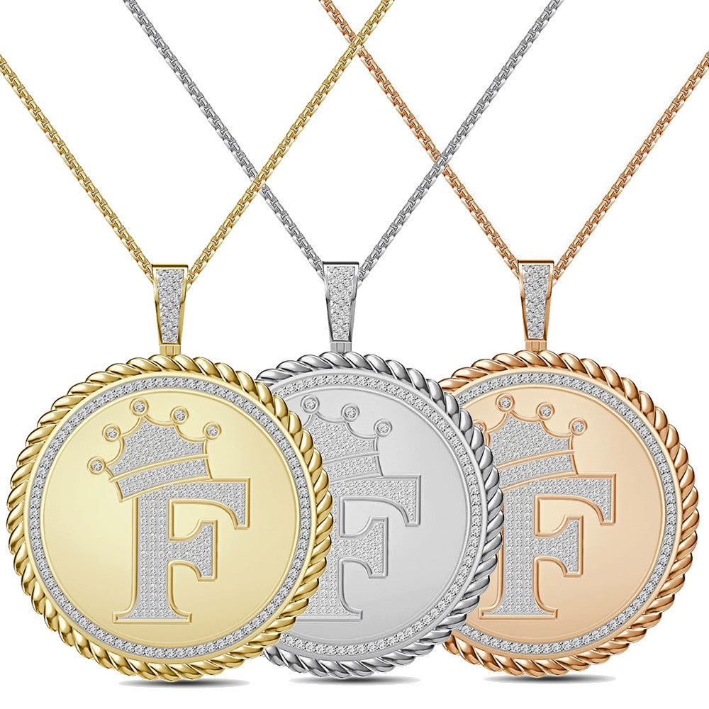 Real Genuine Authentic 1.75 Cwt. VVS1 MOISSANITE Diamond 32+ Grams Crown Initial Alphabet Letter Pendant Medallion 10K Gold On Charm + Chain