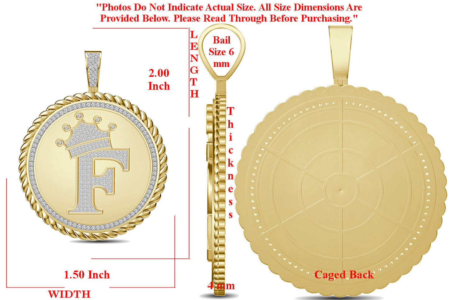 Real Genuine Authentic 1.75 Cwt. VVS1 MOISSANITE Diamond 32+ Grams Crown Initial Alphabet Letter Pendant Medallion 10K Gold On Charm + Chain