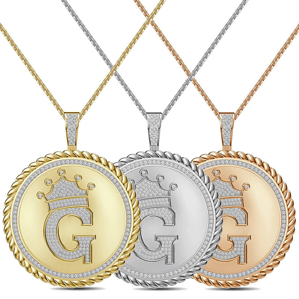 Real Genuine Authentic 1.75 Cwt. VVS1 MOISSANITE Diamond 32+ Grams Crown Initial Alphabet Letter Pendant Medallion 10K Gold On Charm + Chain