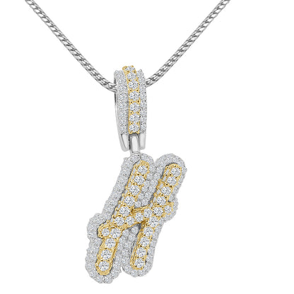 Real Genuine Sterling Silver 14K 2 Tone Gold Finish 1.65 CT. Hand Set Simulated Diamond Initial Letter Alphabet Pendant Charm Chain 1.75"