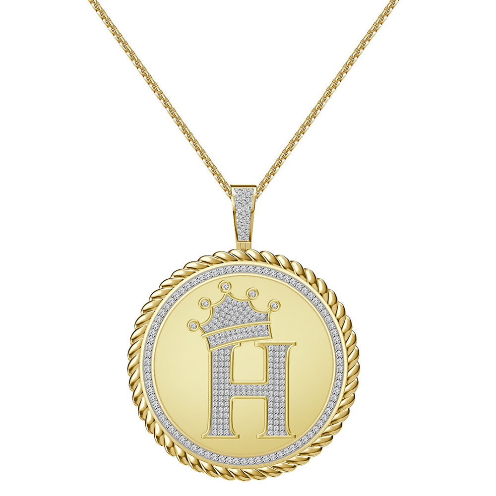 Real Genuine Authentic 1.75 Cwt. VVS1 MOISSANITE Diamond 32+ Grams Crown Initial Alphabet Letter Pendant Medallion 10K Gold On Charm + Chain