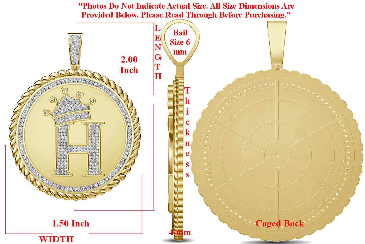Real Genuine Authentic 1.75 Cwt. VVS1 MOISSANITE Diamond 32+ Grams Crown Initial Alphabet Letter Pendant Medallion 10K Gold On Charm + Chain
