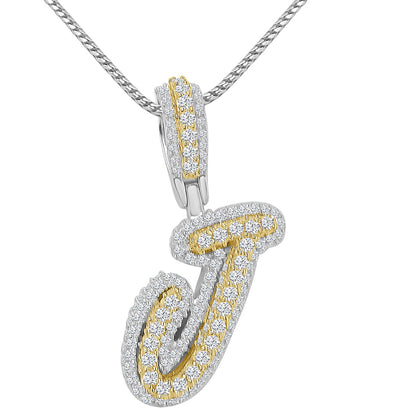 Real Genuine Sterling Silver 14K 2 Tone Gold Finish 1.65 CT. Hand Set Simulated Diamond Initial Letter Alphabet Pendant Charm Chain 1.75"