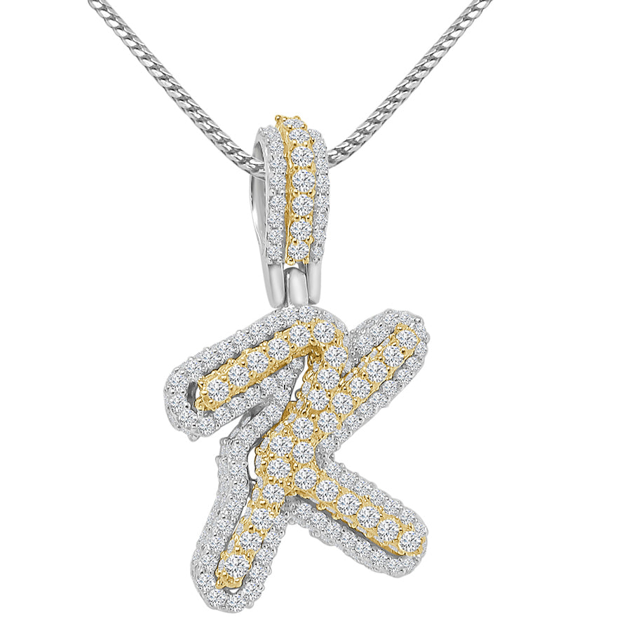 Real Genuine Sterling Silver 14K 2 Tone Gold Finish 1.65 CT. Hand Set Simulated Diamond Initial Letter Alphabet Pendant Charm Chain 1.75"