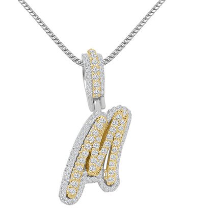 Real Genuine Sterling Silver 14K 2 Tone Gold Finish 1.65 CT. Hand Set Simulated Diamond Initial Letter Alphabet Pendant Charm Chain 1.75"
