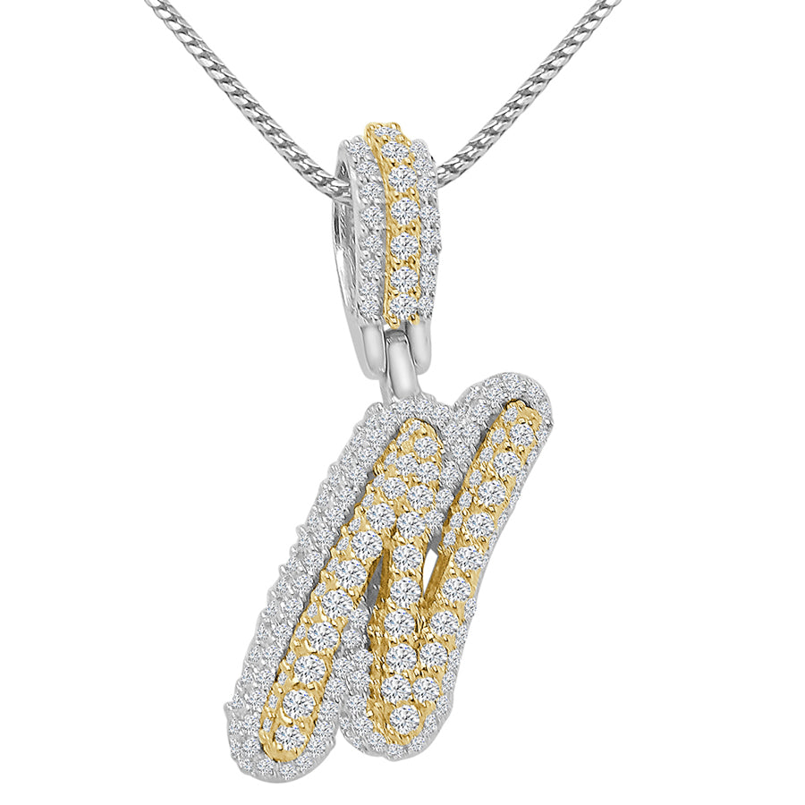 Real Genuine Sterling Silver 14K 2 Tone Gold Finish 1.65 CT. Hand Set Simulated Diamond Initial Letter Alphabet Pendant Charm Chain 1.75"