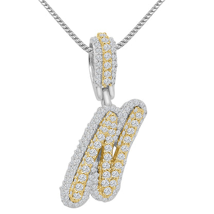 Real Genuine Sterling Silver 14K 2 Tone Gold Finish 1.65 CT. Hand Set Simulated Diamond Initial Letter Alphabet Pendant Charm Chain 1.75"