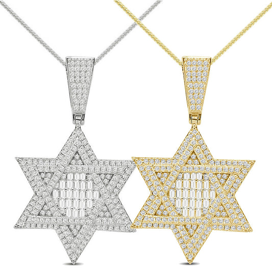 25+ Grams Real Sterling Silver 2.50 Ctw. Baguette/Round Cut Simulated Diamond 14K Gold Finish Jewish Star Of David Charm Pendant Chain Set