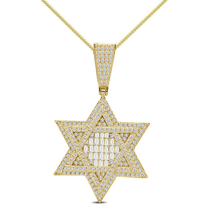 25+ Grams Real Sterling Silver 2.50 Ctw. Baguette/Round Cut Simulated Diamond 14K Gold Finish Jewish Star Of David Charm Pendant Chain Set