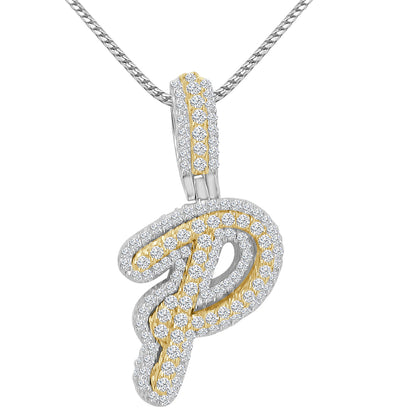 Real Genuine Sterling Silver 14K 2 Tone Gold Finish 1.65 CT. Hand Set Simulated Diamond Initial Letter Alphabet Pendant Charm Chain 1.75"