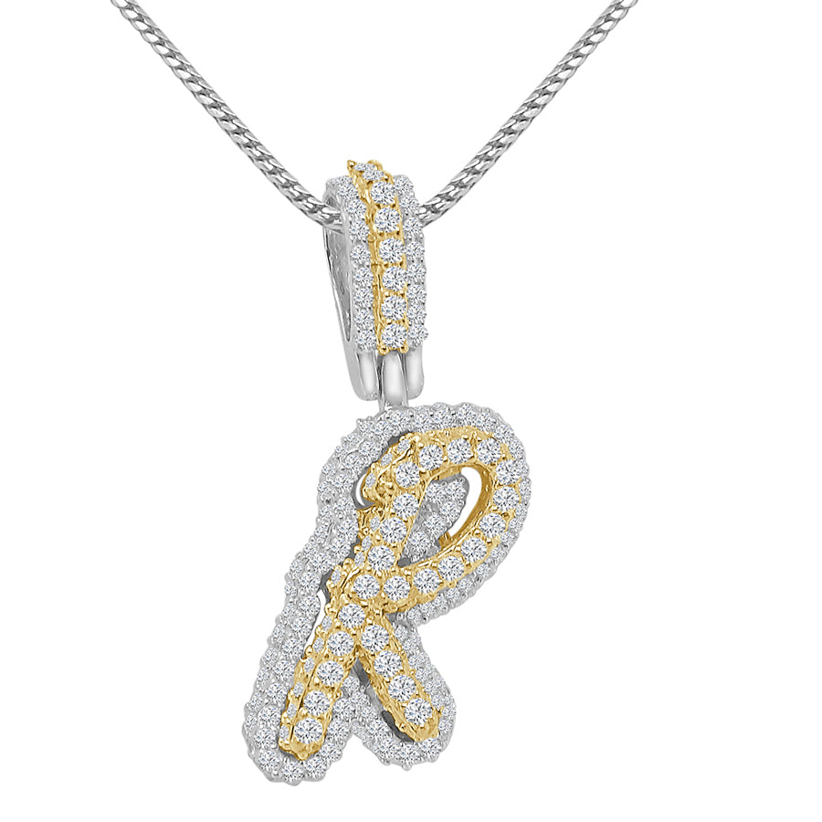 Real Genuine Sterling Silver 14K 2 Tone Gold Finish 1.65 CT. Hand Set Simulated Diamond Initial Letter Alphabet Pendant Charm Chain 1.75"