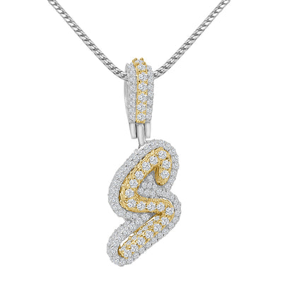 Real Genuine Sterling Silver 14K 2 Tone Gold Finish 1.65 CT. Hand Set Simulated Diamond Initial Letter Alphabet Pendant Charm Chain 1.75"
