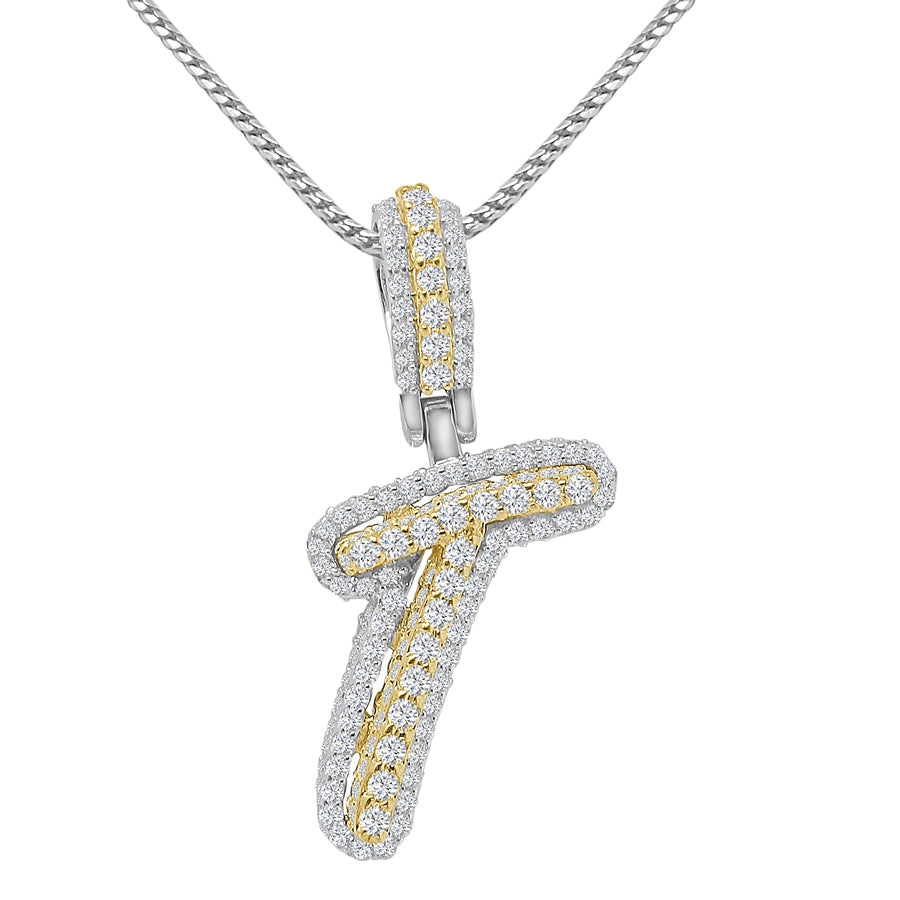 Real Genuine Sterling Silver 14K 2 Tone Gold Finish 1.65 CT. Hand Set Simulated Diamond Initial Letter Alphabet Pendant Charm Chain 1.75"