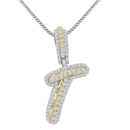 Real Genuine Sterling Silver 14K 2 Tone Gold Finish 1.65 CT. Hand Set Simulated Diamond Initial Letter Alphabet Pendant Charm Chain 1.75"