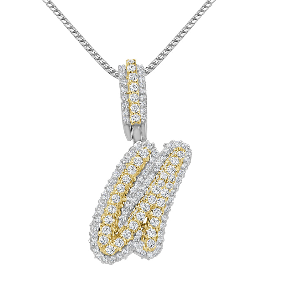 Real Genuine Sterling Silver 14K 2 Tone Gold Finish 1.65 CT. Hand Set Simulated Diamond Initial Letter Alphabet Pendant Charm Chain 1.75"