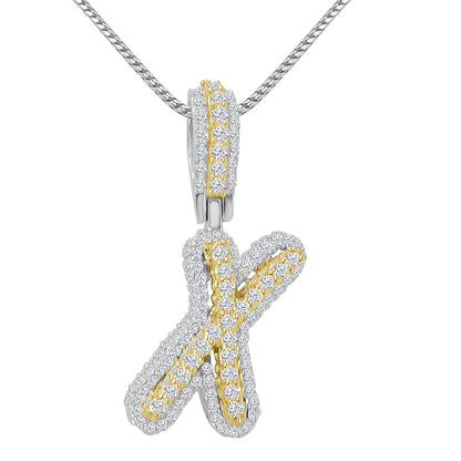 Real Genuine Sterling Silver 14K 2 Tone Gold Finish 1.65 CT. Hand Set Simulated Diamond Initial Letter Alphabet Pendant Charm Chain 1.75"