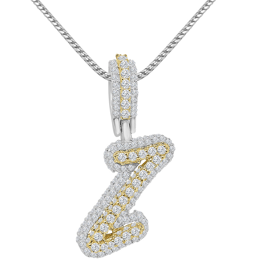 Real Genuine Sterling Silver 14K 2 Tone Gold Finish 1.65 CT. Hand Set Simulated Diamond Initial Letter Alphabet Pendant Charm Chain 1.75"
