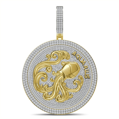 55+ Grams Big 2.80'' Real Silver Simulated Diamond 14K Gold Finish Astrological Zodiac Birth Symbol Sign Aquarius Charm Pendant + Free Chain