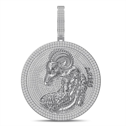55+ Grams Big 2.80'' Real Silver Simulated Diamond 14K Gold Finish Astrological Zodiac Birth Symbol Sign Aries Charm Pendant + Free Chain