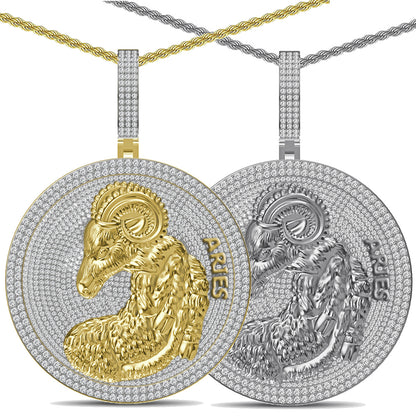 55+ Grams Big 2.80'' Real Silver Simulated Diamond 14K Gold Finish Astrological Zodiac Birth Symbol Sign Aries Charm Pendant + Free Chain