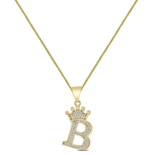 14K Yellow Gold Finish 1.00 Cwt. Simulated Diamond Crown Initial Letter Alphabet Unisex Charm Pendant Rope Chain Neckless Set Small 1.5''