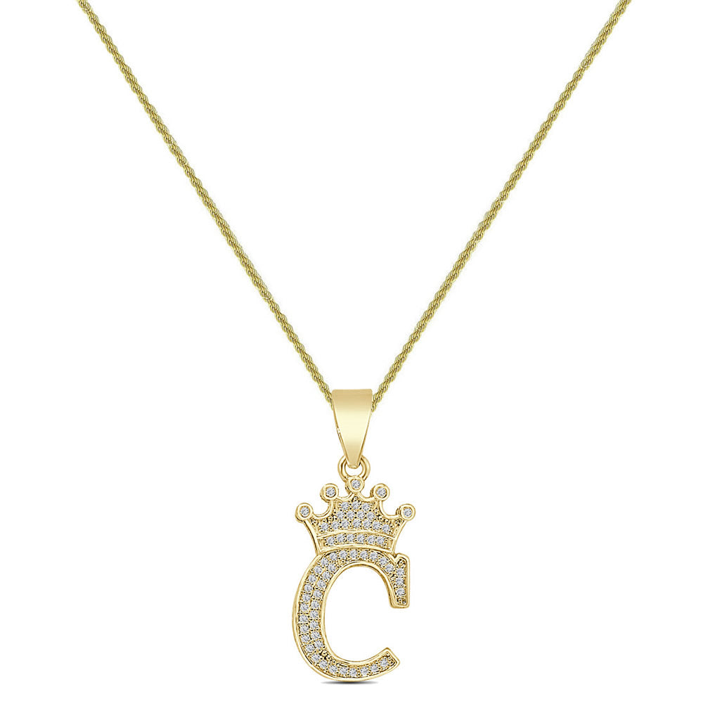 14K Yellow Gold Finish 1.00 Cwt. Simulated Diamond Crown Initial Letter Alphabet Unisex Charm Pendant Rope Chain Neckless Set Small 1.5''