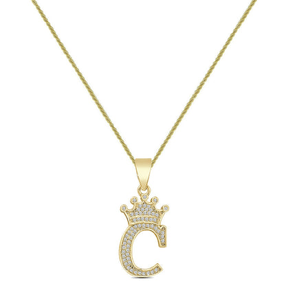 14K Yellow Gold Finish 1.00 Cwt. Simulated Diamond Crown Initial Letter Alphabet Unisex Charm Pendant Rope Chain Neckless Set Small 1.5''