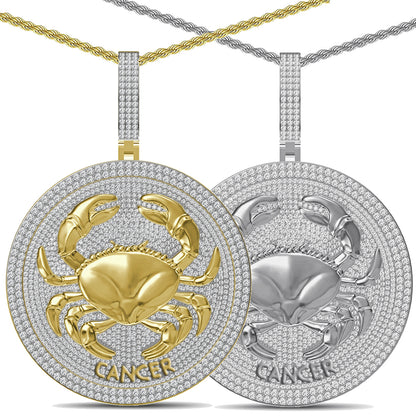 55+ Grams Big 2.80'' Real Silver Simulated Diamond 14K Gold Finish Astrological Zodiac Birth Symbol Sign Cancer Charm Pendant + Free Chain