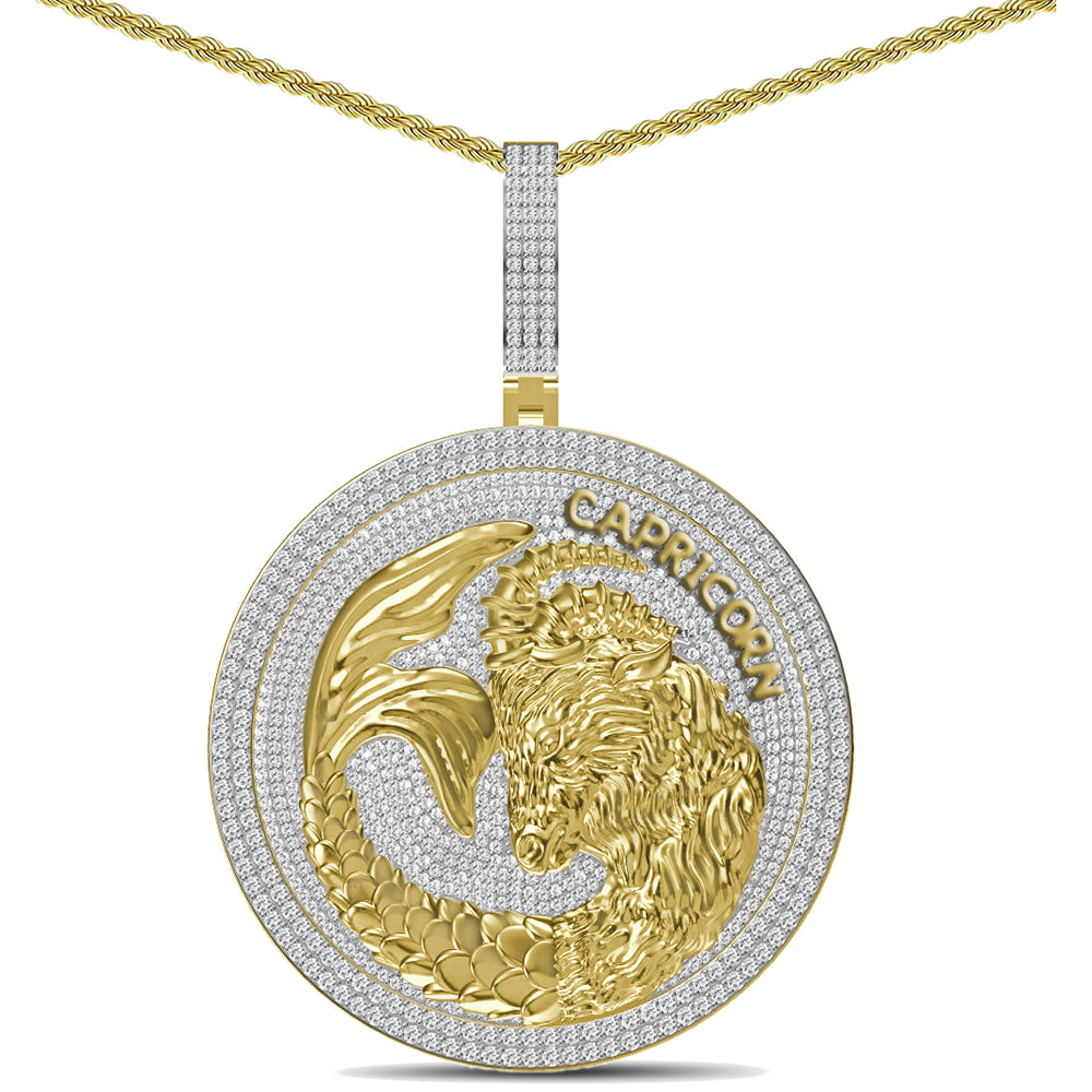 55+ Grams Big 2.80'' Real Silver Simulated Diamond 14K Gold Finish Astrological Zodiac Birth Symbol Sign Capricorn Charm Pendant +Free Chain