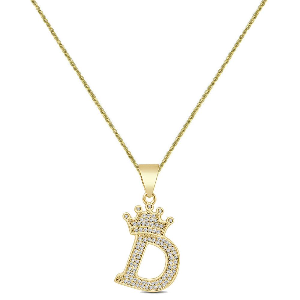14K Yellow Gold Finish 1.00 Cwt. Simulated Diamond Crown Initial Letter Alphabet Unisex Charm Pendant Rope Chain Neckless Set Small 1.5''