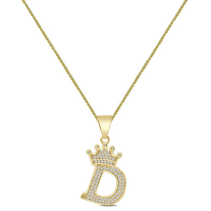 14K Yellow Gold Finish 1.00 Cwt. Simulated Diamond Crown Initial Letter Alphabet Unisex Charm Pendant Rope Chain Neckless Set Small 1.5''