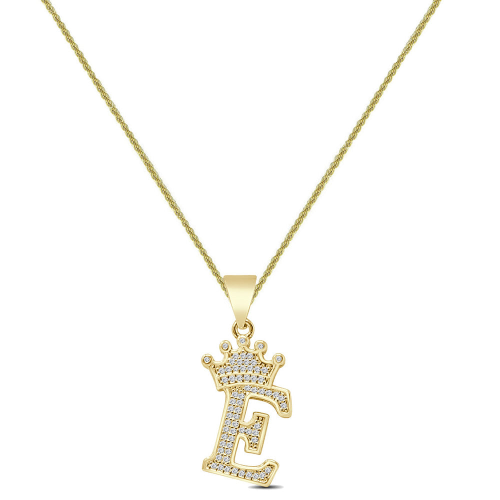 14K Yellow Gold Finish 1.00 Cwt. Simulated Diamond Crown Initial Letter Alphabet Unisex Charm Pendant Rope Chain Neckless Set Small 1.5''