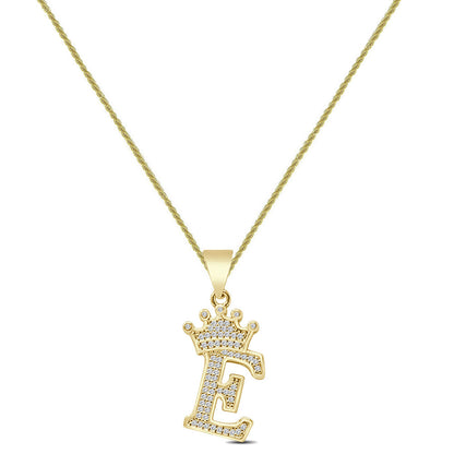 14K Yellow Gold Finish 1.00 Cwt. Simulated Diamond Crown Initial Letter Alphabet Unisex Charm Pendant Rope Chain Neckless Set Small 1.5''