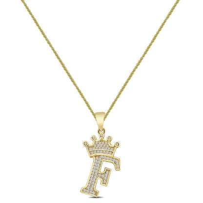 14K Yellow Gold Finish 1.00 Cwt. Simulated Diamond Crown Initial Letter Alphabet Unisex Charm Pendant Rope Chain Neckless Set Small 1.5''