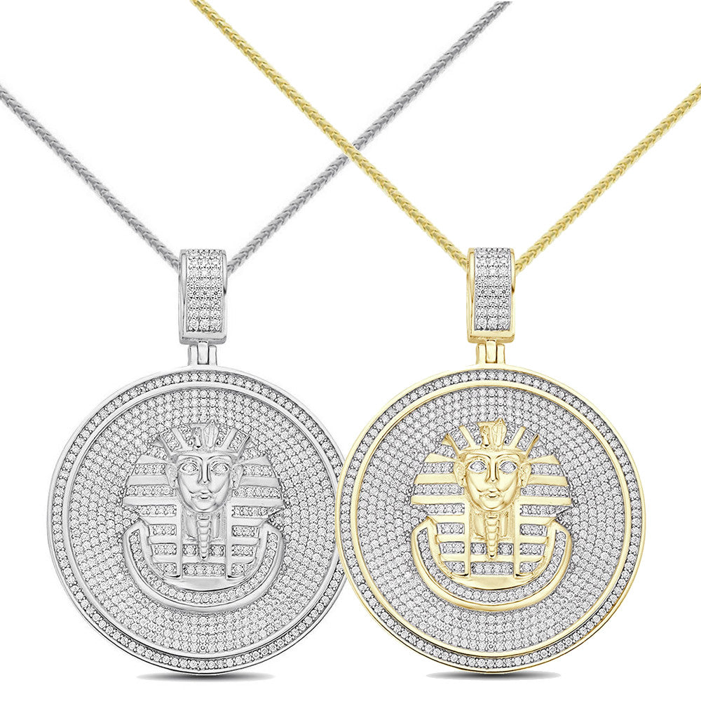 Real Genuine 3.50 Cwt. Authentic MOISSANITE Diamond 31+ Grams Ancient Egyptian Pharaoh King Tut Mummy 14K Gold Over Charm Pendant Chain Set
