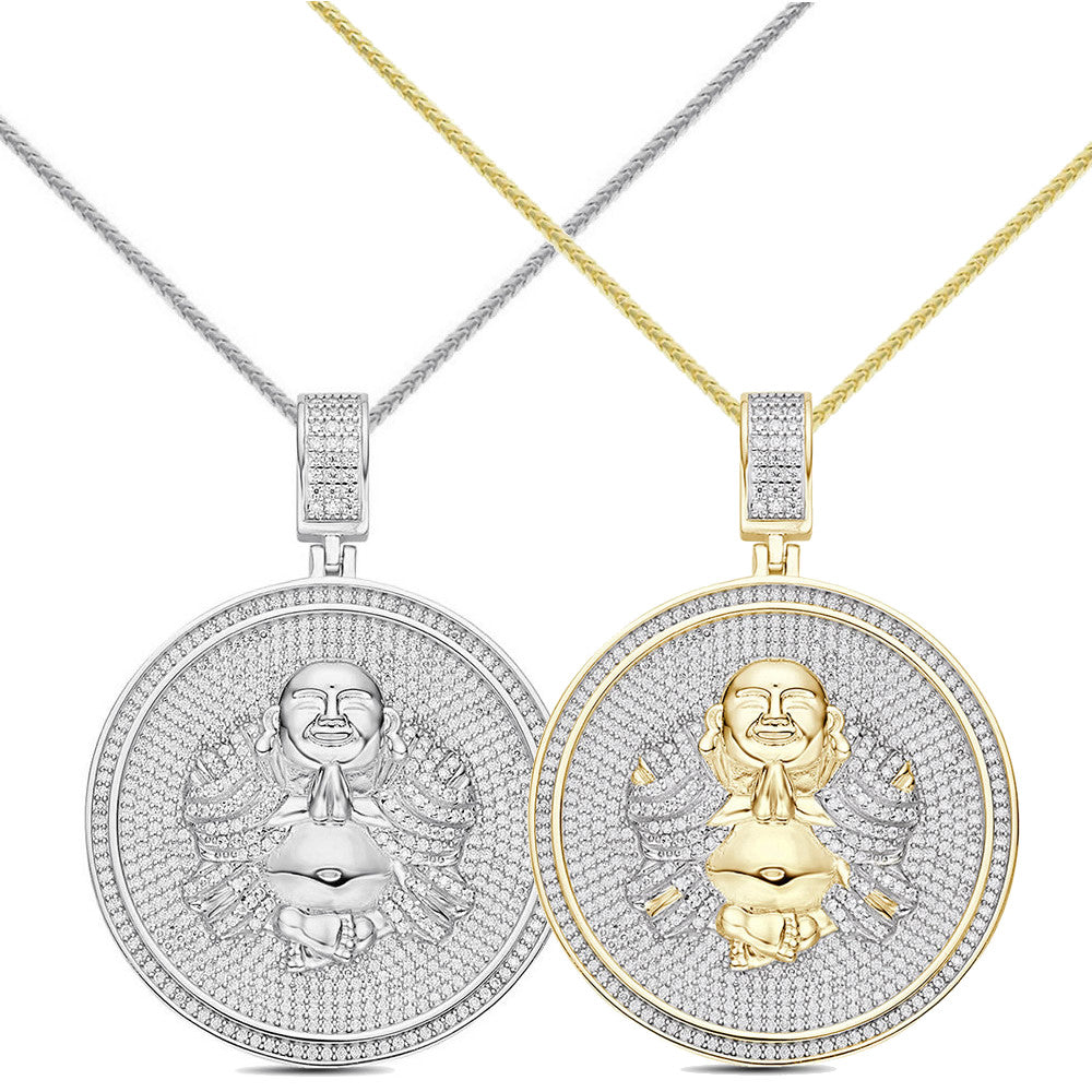Real Genuine 3.50 Cwt. Authentic VVS/1 MOISSANITE Diamond 32+ Grams Praying Gautama Buddha 14K Gold Finish Religious Charm Pendant Chain Set