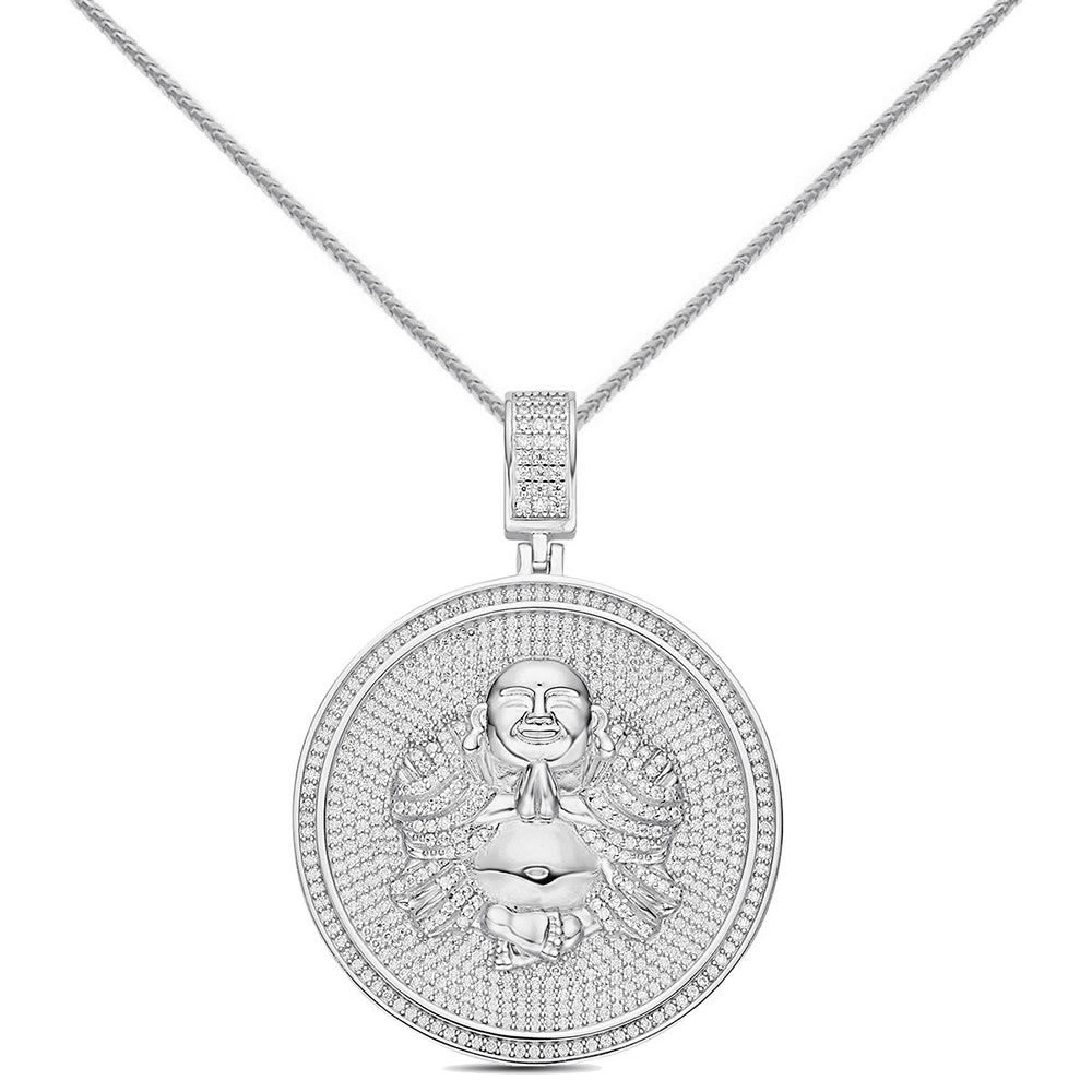 Real Genuine 3.50 Cwt. Authentic VVS/1 MOISSANITE Diamond 32+ Grams Praying Gautama Buddha 14K Gold Finish Religious Charm Pendant Chain Set