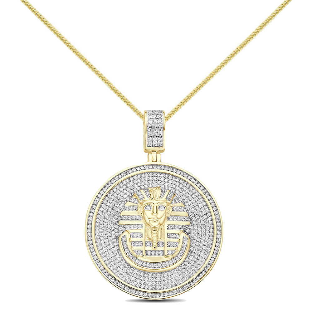 Real Genuine 3.50 Cwt. Authentic MOISSANITE Diamond 31+ Grams Ancient Egyptian Pharaoh King Tut Mummy 14K Gold Over Charm Pendant Chain Set