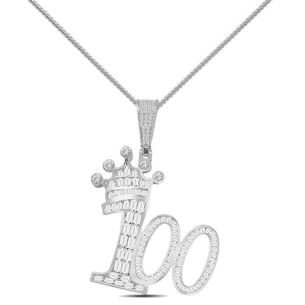 Baguette 22+ Grams Real Sterling Silver 2.00 Ctw. Simulated Diamond 14K Gold Over 100 Hundred Number Emoji Crown Face Charm Pendant + Chain