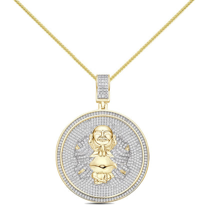 Real Genuine 3.50 Cwt. Authentic VVS/1 MOISSANITE Diamond 32+ Grams Praying Gautama Buddha 14K Gold Finish Religious Charm Pendant Chain Set