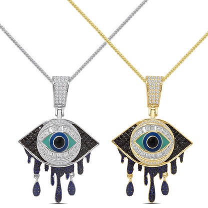 Genuine Sterling Silver Multi Tone 2.25 Ct. Baguette/Round Cut Simulated Diamond 14K Gold Over Evil Eye God Dripping Charm Pendant Chain Set