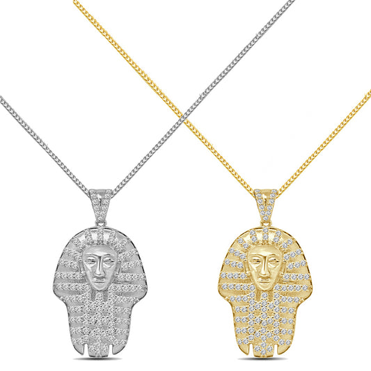 Real Genuine Italian Sterling Silver 1.00 Cwt. Simulated Diamond Egyptian King Tut Pharaoh Charm Pendant + Free Chain Neckless Small 1.50''