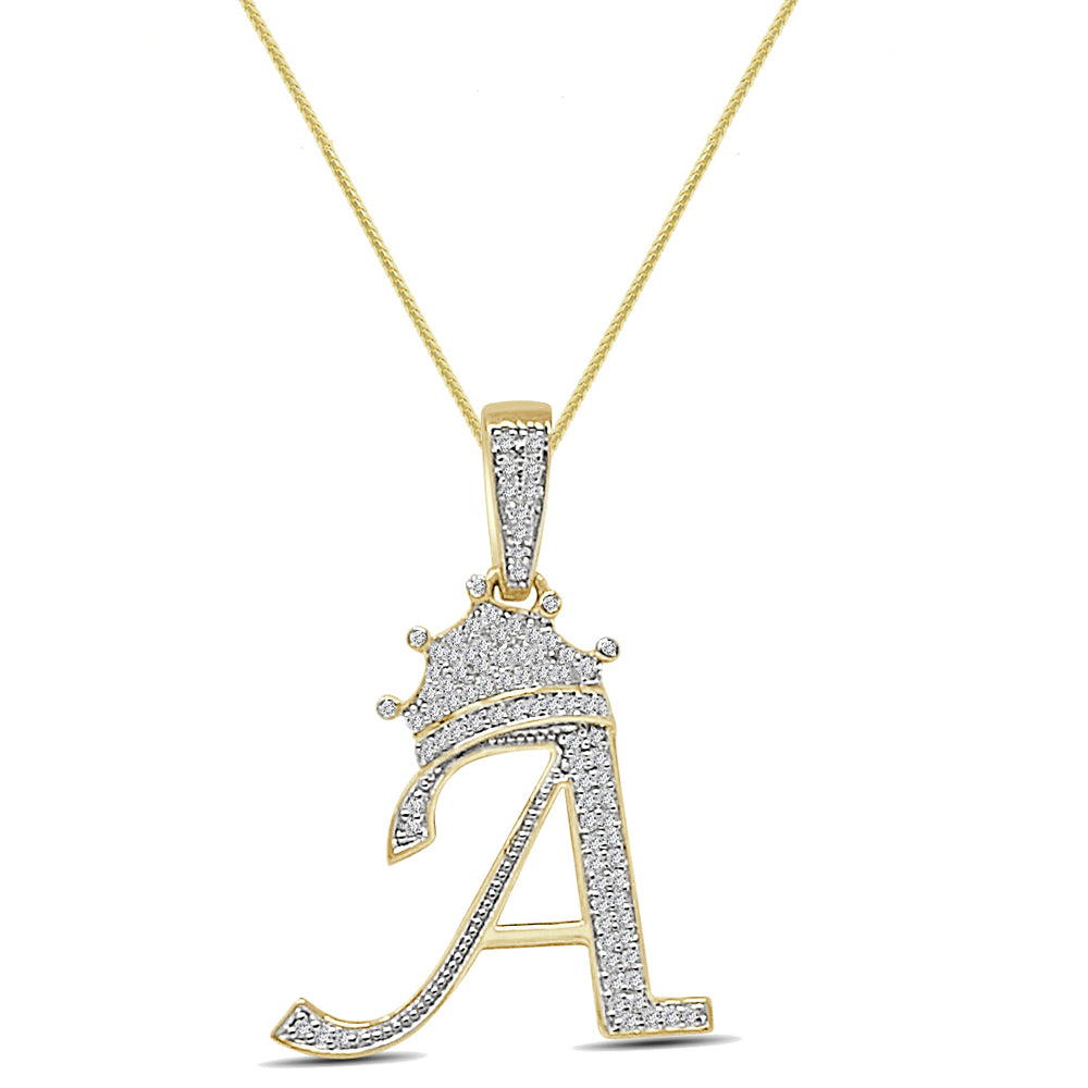 100% 10K Real Solid Yellow Gold Genuine Authentic Natural Diamond Initial Letter Alphabet Crown Unisex Pendant Charm + Free Chain Neckless
