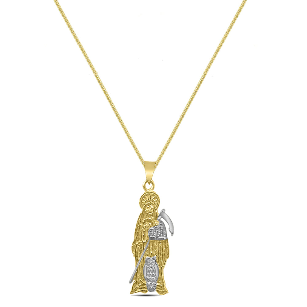 10K Real Authentic Solid 2 Tone Gold (Stamped) Santa Muerte Grim Reaper Angel of Death Pendant Charm Small 1.50'' + Free Chain Neckless