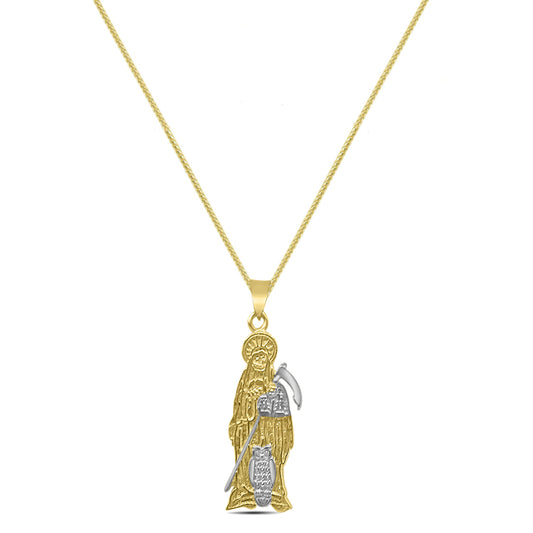 10K Real Authentic Solid 2 Tone Gold (Stamped) Santa Muerte Grim Reaper Angel of Death Pendant Charm Small 1.50'' + Free Chain Neckless