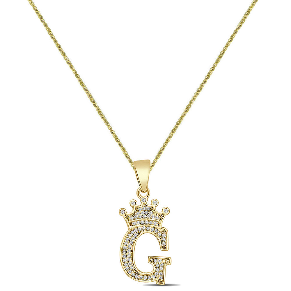 14K Yellow Gold Finish 1.00 Cwt. Simulated Diamond Crown Initial Letter Alphabet Unisex Charm Pendant Rope Chain Neckless Set Small 1.5''