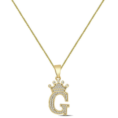 14K Yellow Gold Finish 1.00 Cwt. Simulated Diamond Crown Initial Letter Alphabet Unisex Charm Pendant Rope Chain Neckless Set Small 1.5''
