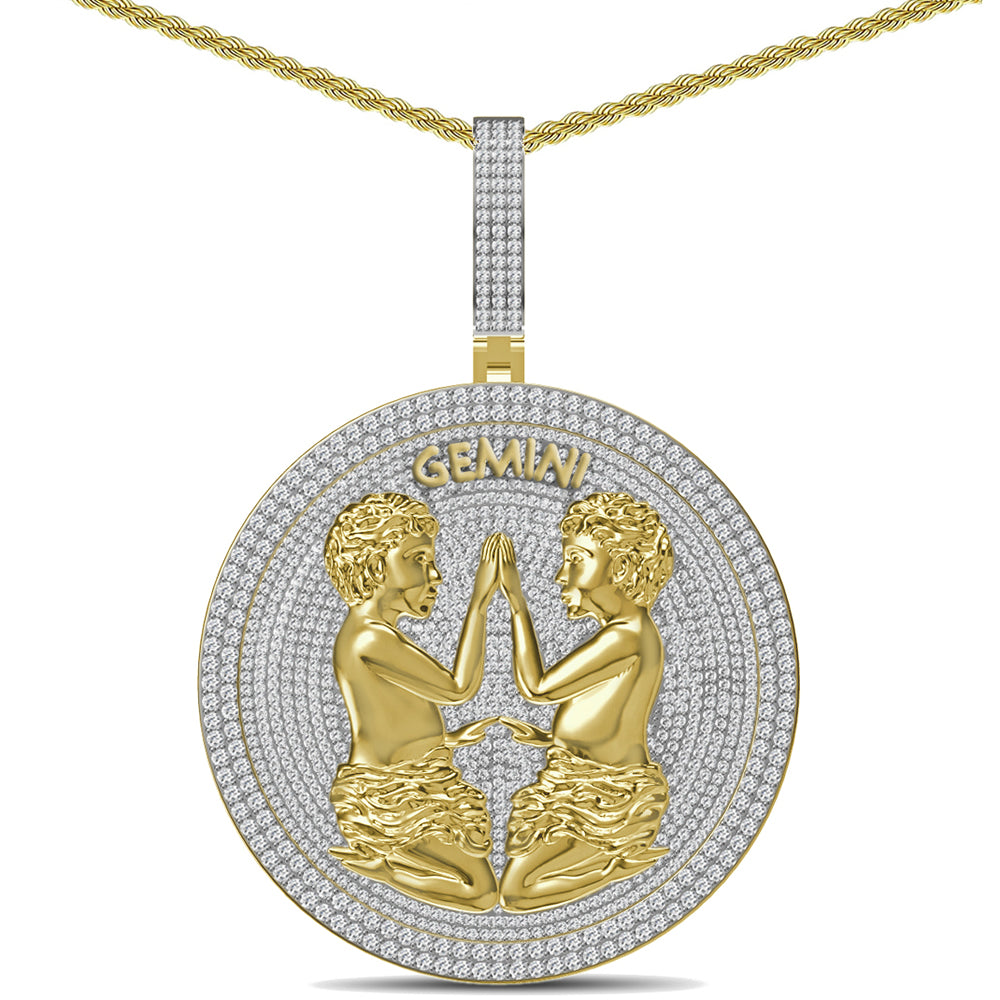 55+ Grams Big 2.80'' Real Silver Simulated Diamond 14K Gold On Astrological Zodiac Birth Symbol Sign Gemini Twins Charm Pendant + Free Chain