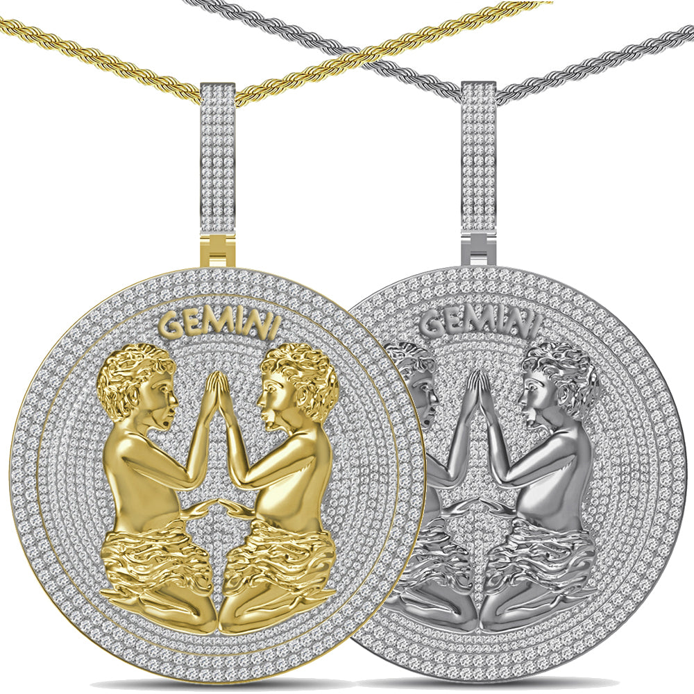 55+ Grams Big 2.80'' Real Silver Simulated Diamond 14K Gold On Astrological Zodiac Birth Symbol Sign Gemini Twins Charm Pendant + Free Chain